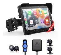 Wireless Motorcycle Apple Carplay & Android Auto,7 Inch Touchscreen with AHD Dual Cam,Siri & Google Assistant, Looping Recording/BSD/Bluetooth 5.2/ GPS/Remote Control/TMPS /IP69K Waterproof /128GB