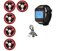 Wireless Pager System, Watch Receiver Set with 5 Call Buttons Portable for Restaurant Cafe Bar Service Communication Customer(red)