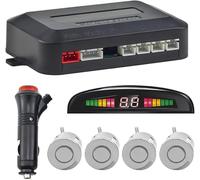 Wireless Parking Aid, Reversing Aid with 4 PDC Rear Parking Sensors, Sum Distance Warning Kit with Wireless LED Display for Car, SUV, Van, Motorhome and Pickup (4 Sensors, Silver)