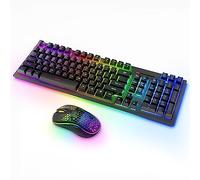 Wireless PC Gaming Keyboard and Mouse RGB Backlit, MOOJAY Rechargeable 2.4G Light Up Cordless Keyboard with Ergonomic Wireless Wired Dual Mode Mice, for PC/Laptop/Windows/Mac - Black