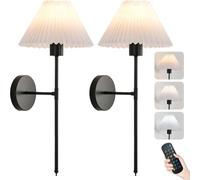 Wireless Rechargeable Wall Light with Remote Control, Indoor RGB Dimmable Wall Sconce E27 Industrial Retro Rechargeable Without Power Connection Wall Lamp with White Fabric Shade,2 pieces,Black (Bla