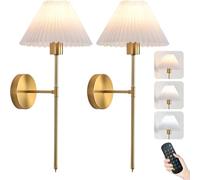 Wireless Rechargeable Wall Light with Remote Control, Indoor RGB Dimmable Wall Sconce E27 Industrial Retro Rechargeable Without Power Connection Wall Lamp with White Fabric Shade,2 pieces,Black (Gol