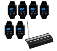 Wireless Restaurant Paging System with 6 Waiter Watches/1 Call Button, Fast Alert Buzzer for Dish Pickup, Chef Calls, Food Service - Diner, Cafe, Catering Staff Communication