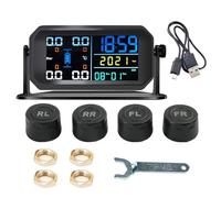 Wireless Solar Tire Pressure Monitor, Dual Charging Mode TPMS 6 Alarm Modes Multifunctional Tyre Monitoring System with Rotatable Large LCD Screen for Most Cars