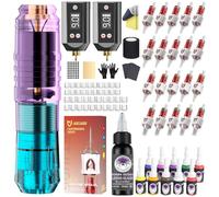 Wireless Tattoo Pen Kit, Gun Kit with 2 x 1500mAh Batteries, 11 Inks, 20 Pieces Tattoo Cartridge Needles with Protruding Fingers, Complete Tattoo Supplies for Beginners