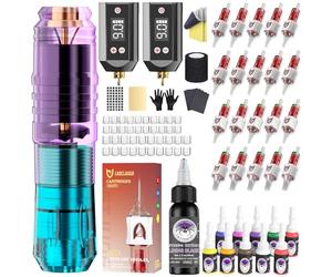 Wireless Tattoo Pen Kit, Gun Kit with 2 x 1500mAh Batteries, 11 Inks, 20 Pieces Tattoo Cartridge Needles with Protruding Fingers, Complete Tattoo Supplies for Beginners