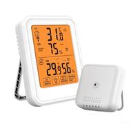 Wireless thermometer and hygrometer with magnetic attachment, large display with weather clock, accurate temperature and humidity readings, waterproof for indoor outdoor monitoring (white)
