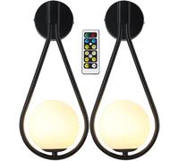 Wireless Wall Sconces 2 Pack Battery Operated Indoor Wall Lights with Remote Metal Circle Brass Finish Swing Arm LED Wall Lamps Wall for Living Room Bedside,Black-Warm light