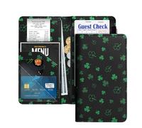 WIRESTER 4.7x9 inch Server Book for Waitress with Zipper Pocket, Magnetic Closure Waiter Book Wallet with Money Pocket, Restaurant Waitstaff Organizer Fit Server Apron - Shamrock Clover Leaves