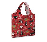 WIRESTER Reusable Grocery Tote Bag for Women, Foldable Shopping Bag, Cute Shoulder Bag, Beach Bag, Merry Christmas Black White Tuxedo Cat Playful, M