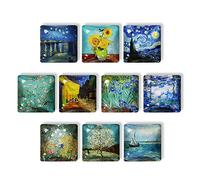 WIRESTER Set of 10 Square Glass Fridge Magnets for Refrigerator, Washer, Lockers, Home, Office - Starry Night, Cafe Terrace, Irises Van Gogh, Claude Monet Water Lilies, Gustav Klimt Flower Garden