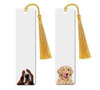 WIRESTER Set of 2 Metal Bookmarks with Light Gold Tassel for Students, Reader, Teachers, Book Lovers - Cute Basset Hound Dog, Winking Golden Retriever Dog