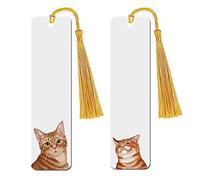 WIRESTER Set of 2 Metal Bookmarks with Light Gold Tassel for Students, Reader, Teachers, Book Lovers - Cute Orange Tabby Kitten Cat, Smirking Orange Tabby Cat
