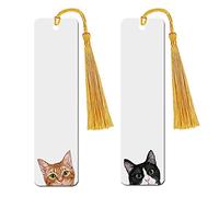 WIRESTER Set of 2 Metal Bookmarks with Light Gold Tassel for Students, Reader, Teachers, Book Lovers - Orange Tabby Kitten Cat, Black White Tuxedo Cat