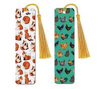 WIRESTER Set of 2 Metal Bookmarks with Light Gold Tassel for Students, Reader, Teachers, Book Lovers - Red Fox Funny Playful Postures, Chicken Pattern