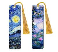 WIRESTER Set of 2 Metal Bookmarks with Light Gold Tassel for Students, Reader, Teachers, Book Lovers - The Starry Night Van Gogh, Claude Monet Water Lilies