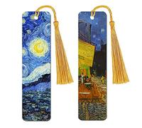 WIRESTER Set of 2 Metal Bookmarks with Light Gold Tassel for Students, Reader, Teachers, Book Lovers - The Starry Night Van Gogh, Cafe Terrace at Night Van Gogh