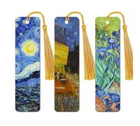 WIRESTER Set of 3 Metal Bookmarks with Light Gold Tassel for Students, Reader, Teachers, Book Lovers - The Starry Night Van Gogh, Cafe Terrace at Night Van Gogh, Irises Vincent Van Gogh