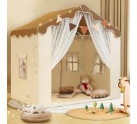WIRHAO Kids Tent with Padded Mat Kids Playhouse Tent 2 in 1, Kids Play Tent Large Space Indoor with 2 Doors and 4 Windows for Girls Boys with Stars Lights, Carry Bag, Banner Flag (Brown, 2 in 1)