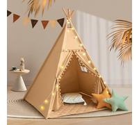 WIRHAO Teepee Tent for Kids with Mat, Cotton Canvas Kids Teepee with Pompom for Toddlers Indoor Play Tent for Girls Boys with Stars Lights, Carry Bag, Banner Flag (Khaki)