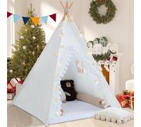 WIRHAO Teepee Tent for Kids with Padded Mat Cotton Canvas Kids Tent with Pompom for Toddlers Indoor Play Tent for Girls Boys with Stars Lights, Carry Bag, Banner Flag (White)