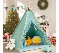 WIRHAO Teepee Tent for Kids with Padded Mat Cotton Canvas Kids Tent with Pompom for Toddlers Indoor Play Tent for Girls Boys with Stars Lights, Carry Bag, Banner Flag (Green)