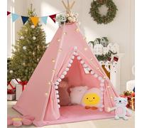 WIRHAO Teepee Tent for Kids with Padded Mat Cotton Canvas Kids Tent with Pompom for Toddlers Indoor Play Tent for Girls Boys with Stars Lights, Carry Bag, Banner Flag (Pink)