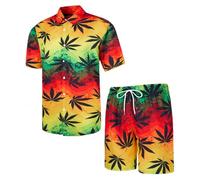 Wirltte Men's Hawaiian Shirts and Shorts Set Casual Button Down Short Sleeve Summer Shirt Suits 2 Pieces Outfits Leaves 002 XXL