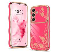 Wirvyuer for Samsung Galaxy S25 Case, Plating Curly Wave Frame Cute Girly Floral Flower for Women Girls Cover, Raised Full Camera Protection Phone Case for Samsung Galaxy S25, Rose Red