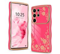 Wirvyuer for Samsung Galaxy S25 Ultra Case, Plating Curly Wave Frame Cute Girly Floral Flower for Women Girls Cover, Raised Full Camera Protection Phone Case for Samsung Galaxy S25 Ultra, Rose Red