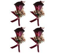Wisafory 4 Pieces Wedding Boutonniere Calla Lily Corsage with Safety Pin Artificial Flowers Brooch Handmade Corsage Buttonhole Flower Wedding Pin for Groom Bride Wine Red