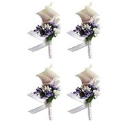Wisafory 4 Pieces Wedding Boutonniere Calla Lily Corsage with Safety Pin Artificial Flowers Brooch Handmade Corsage Buttonhole Flower Wedding Pin for Groom Bride White Purple