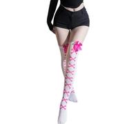Wisafory Women's Knee Stockings Overknee Stockings with Skeleton Print Thigh High Cute Bow Cuddly Socks High Socks Hosiery for Halloween Carnival Party, White stockings rose red bow, One Size