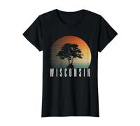 Wisconsin Retro Sunset Tree Outdoor Nature State Pride Value Graphic T-Shirt, Women, Black, M