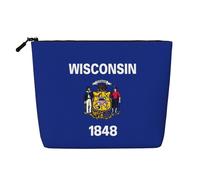 Wisconsin State Flag Large Cosmetic Organizer Fake Hemp Makeup Bag, Zippered Travel Pouch Water Resistant Daily Use
