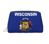 Wisconsin State Flag Leather Hand-Held Zipper Makeup Bag Cute Make Up Case Large Wide-Open Pouch Pen Case
