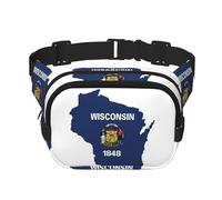 Wisconsin State Flag Map print Cute Large Black Fanny Packs for Women Cross Body Waist Bag Nylon Fashionable Fanny Pack, Black, One Size