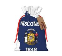 Wisconsin State Flag Map Print Holiday Burlap Gift Bag With Drawstring, Small Party Favor Pouches For Christmas Gifting-S Size