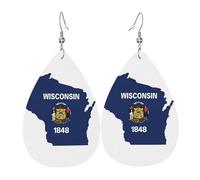 Wisconsin State Flag Map Print Teardrop Earrings For Women Leather Dangle Earrings Jewelry For Birthday Party Valentine