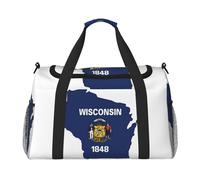 Wisconsin State Flag Map print Travel Duffle Bag Gym Bag for Women,Puffer Tote Bag,Weekender Overnight Bag Organizer, Black, One Size