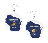 Wisconsin State Flag Map Printed Round Earrings For Women, 1 Pair Lightweight Leather Pierced Earrings Set Trendy Jewelry Gifts For Women Girls