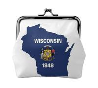Wisconsin State Flag Map small makeup bag for purse,kiss lock bank card storage bag retro compact multifunctional change bag, Black, One Size, Art Deco