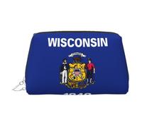 Wisconsin State Flag Print Leather Cosmetic Pouch, Leather Makeup Bag for Purse with Top Zip Closure Stylish Toiletry Bag