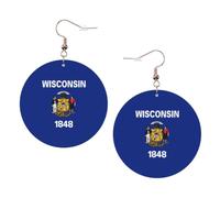 Wisconsin State Flag Print Round Leather Earrings for Women, Lightweight Dangle Drop Hoop Jewelry Set KC Gold,Birthday Party Gift