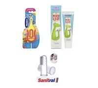 Wisdom Baby Brush 0-2Y + Punch & Judy Strawberry Toothpaste (Sugar-Free, 1000ppm Fluoride) + Sanitral Silicone Finger Brush 3-Pack