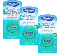 Wisdom Fresh Effect Dental Floss - Pack of 3 x 30m | Mint Flavoured Expanding Waxed Floss for Plaque Removal & Gum Health | Shred-Resistant Teeth Cleaning Floss for Tight Spaces