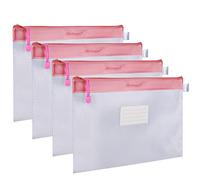 Wisdompro A4 Zip Wallets Folder, PVC Thick Waterproof Zip Lock Bags, Mesh Document File Pouches Folders with Label Pocket for School Office Household Travel Supplies (4 Pack Pink）