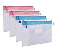 Wisdompro A4 Zip Wallets Folder, PVC Thick Waterproof Zip Lock Bags, Mesh Document File Pouches Folders with Label Pocket for School Office Household Travel Supplies (2 Pack Pink 2 Pack Blue）