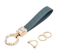 wisdompro Bling Leather Car Keychain, Universal Microfiber Leather Key FOB Keychain, Key Chain Holder with Sparkly Rhinestones and Anti-lost D-Ring for Men, Women- Blue-grey
