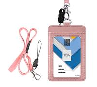 Wisdompro Bus Pass Holder, 2 Sided Leather Lanyard Card Holder, Rose Gold | Vertical, ID Badge Holder with 22 Inch Detachable Neck Strap, 1 Clear ID Name Window, 1 Identity Card Slot, for Work, School